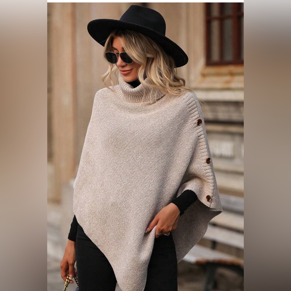 Turtleneck asymmetrical poncho sweater